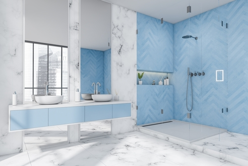 blue colored wall in shower corner