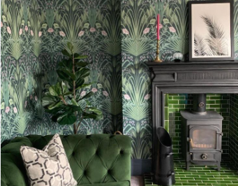 A green colored Natural-Inspired Wallpaper and the picture rail above the chimney 