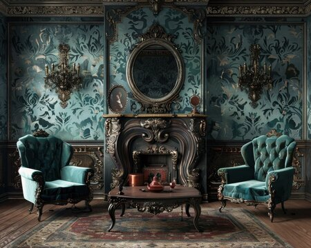 Victorian Gothic Decor with a large mirror above chimney and greenish colored wall