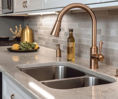 Stainless Steel Sink with a Gold Faucet