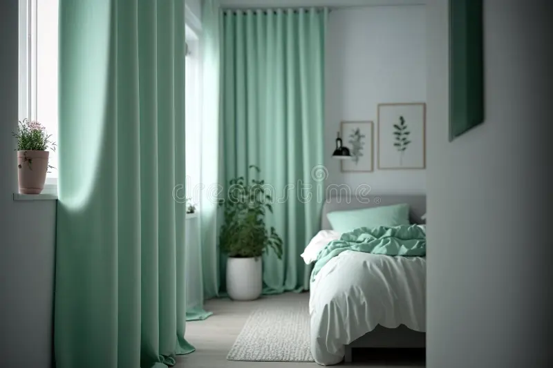 Magnolia walls and green curtains