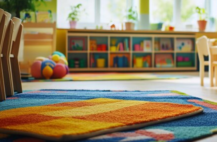 A colorful rug is on the floor in a room