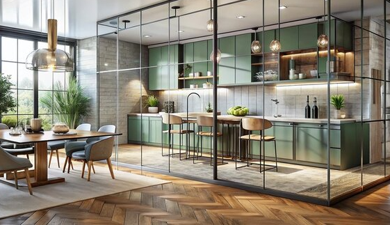 kitchen divide by using a glass wall from room