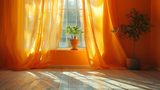 Orange curtains in sunlight in windows