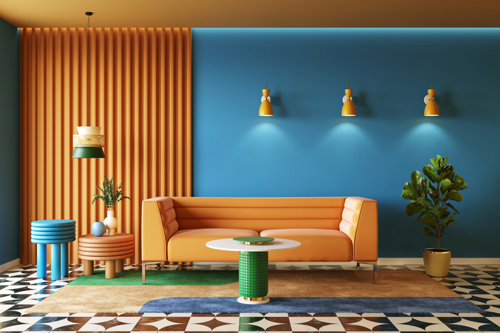 Bold Orange and Blue in the Living Room
