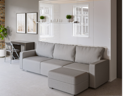  console desk behind the sofa with ottomans stored underneath 